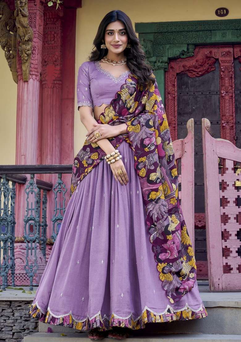 Lavender Embroidery Silk Blend Lehenga Set for Diwali and Festive Wear - Indya