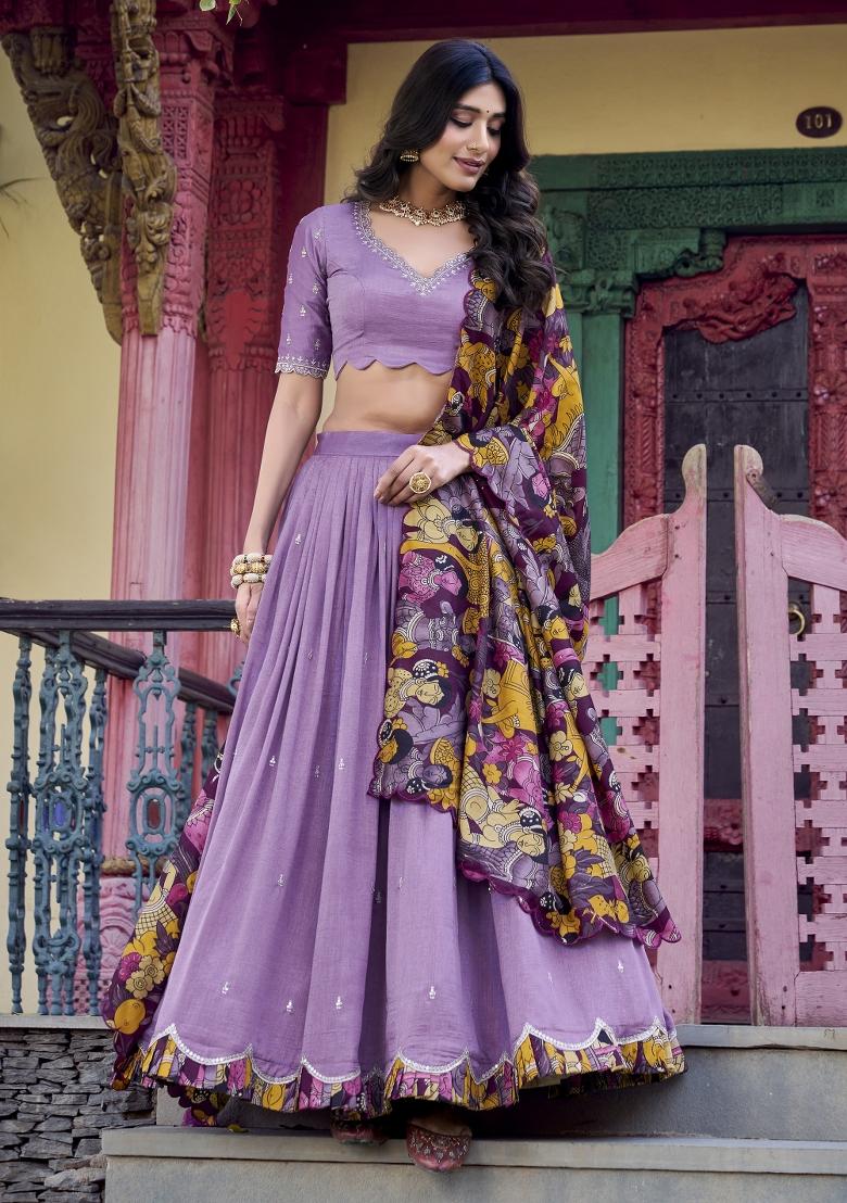 Lavender Embroidery Silk Lehenga Set - Indya