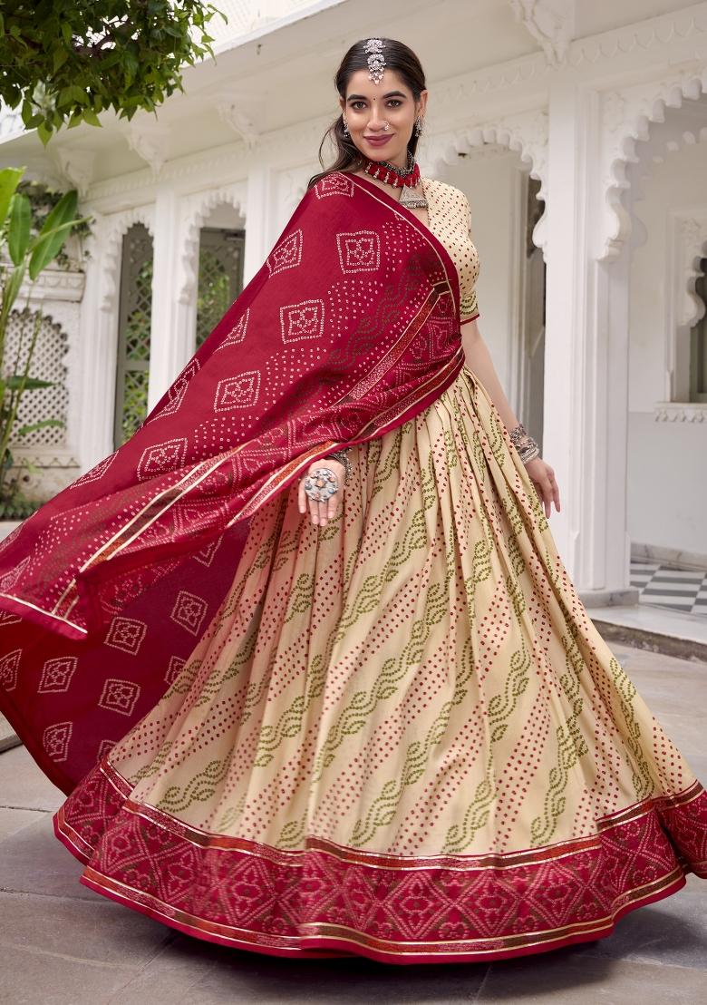 Peach Printed Silk Lehenga Set - Indya