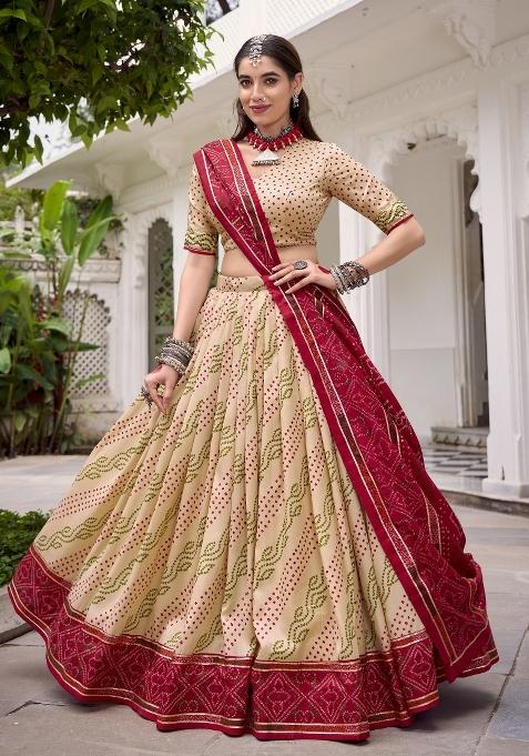 Peach Printed Silk Lehenga Set