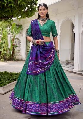 Green Printed Silk Lehenga Set