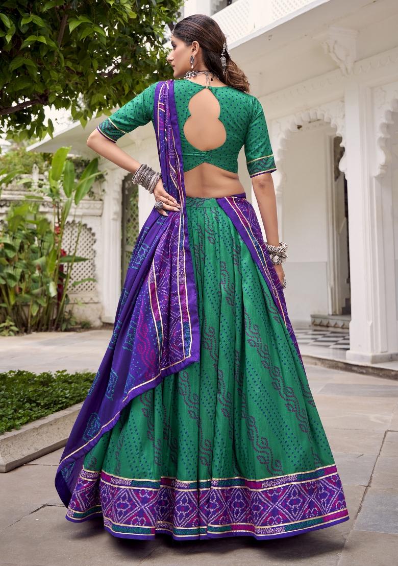 Green Printed Silk Lehenga Set - Indya