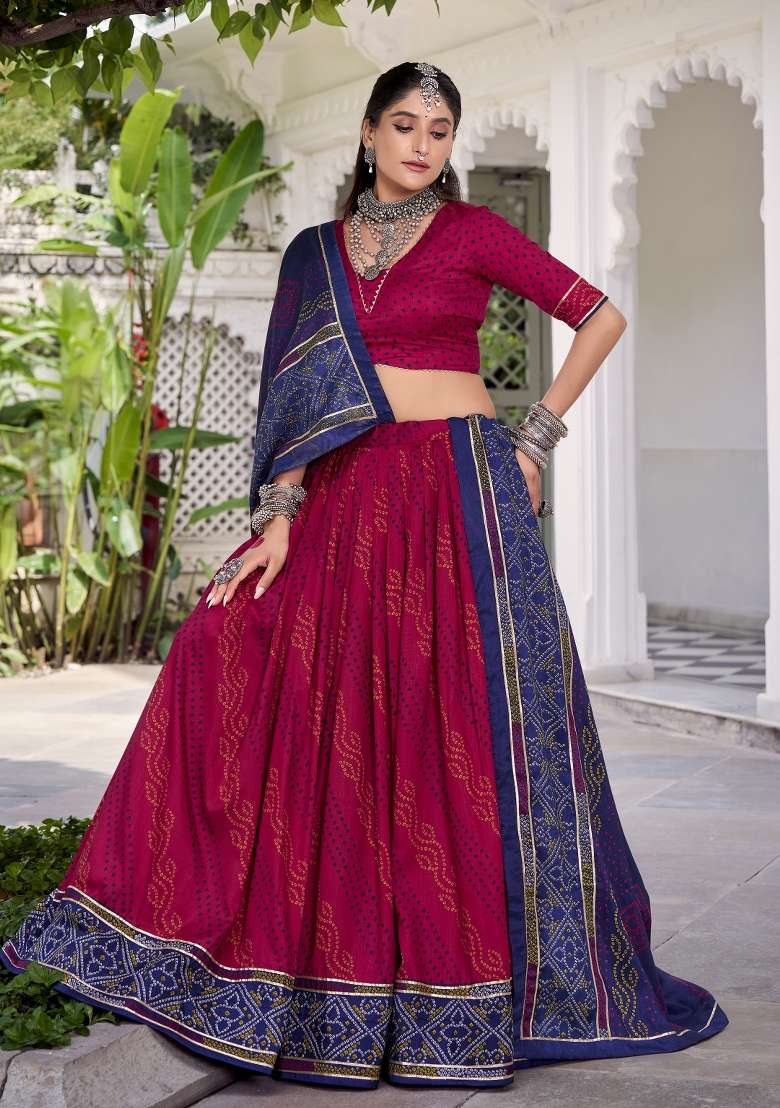 Pink Printed Silk Blend Chaniya Choli Set For Navratri And Garba - Indya