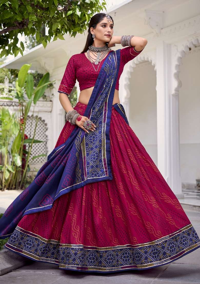 Pink Printed Silk Blend Chaniya Choli Set For Navratri And Garba - Indya