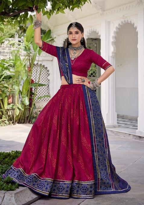 Pink Printed Silk Lehenga Set