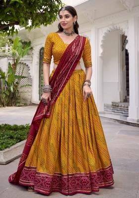 Yellow Printed Silk Lehenga Set
