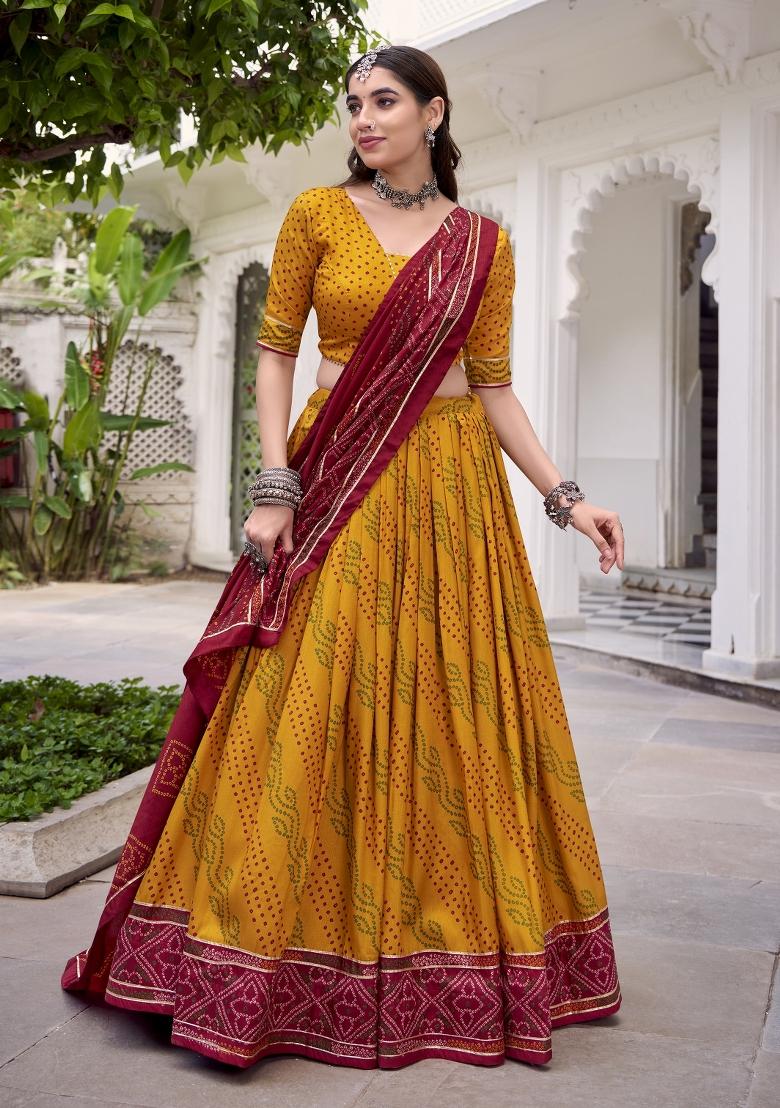Yellow Printed Silk Lehenga Set - Indya