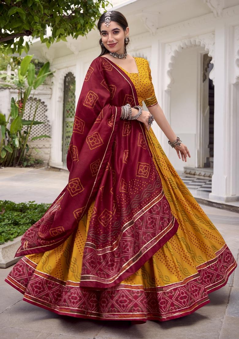 Yellow Printed Silk Lehenga Set - Indya