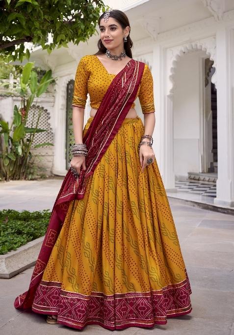 Yellow Printed Silk Lehenga Set