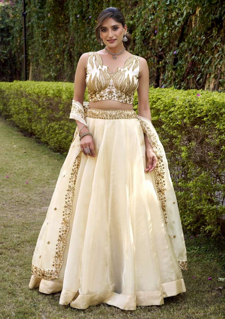 White Solid Silk Blend Lehenga Set for Diwali | Wedding & Festive Wear - Indya
