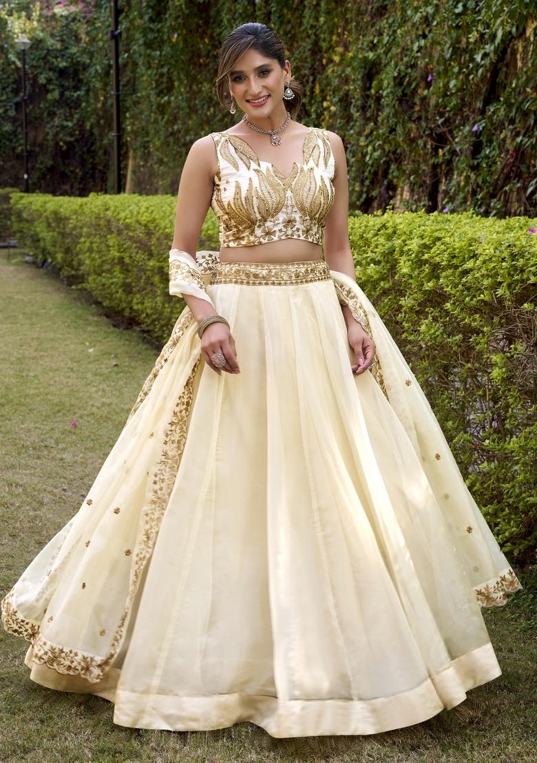 White Solid Silk Lehenga Set - Indya