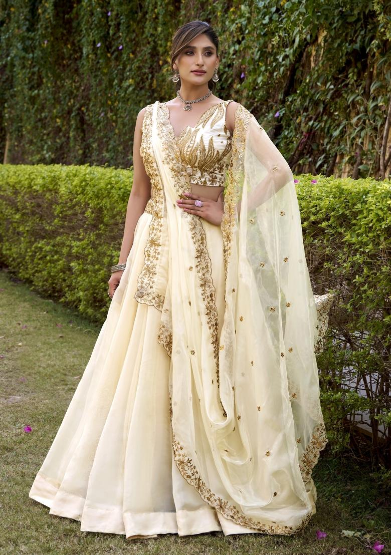 White Solid Silk Lehenga Set - Indya