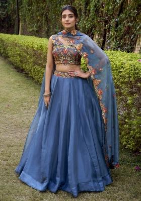 Teal Blue Solid Silk Lehenga Set