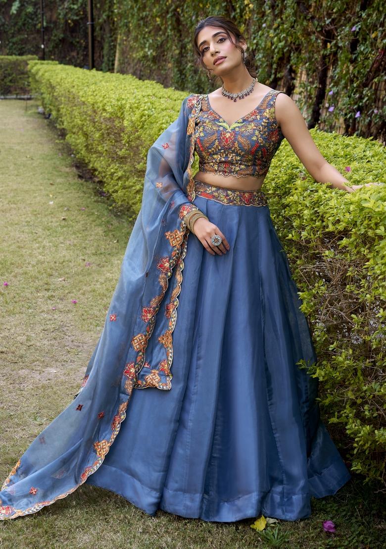 Teal Blue Solid Silk Lehenga Set - Indya