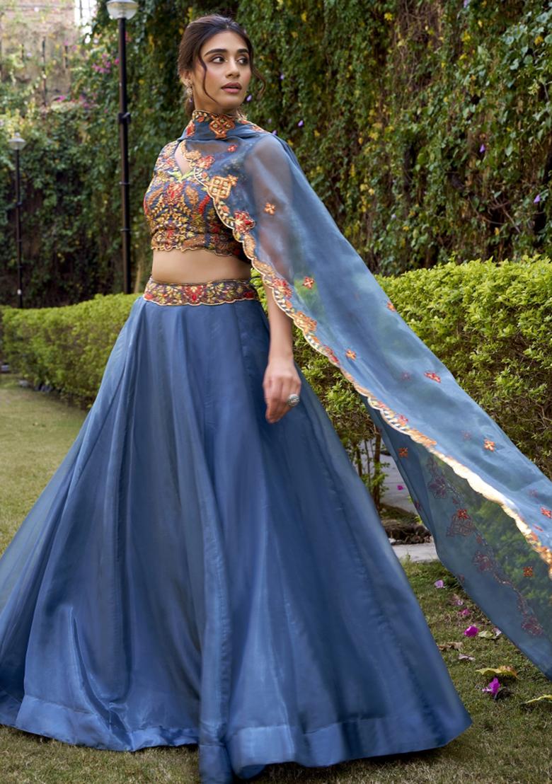 Teal Blue Solid Silk Lehenga Set - Indya