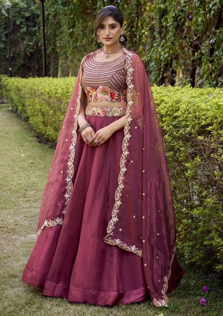 Wine Solid Silk Blend Lehenga Set for Diwali and Festive Wear - Indya