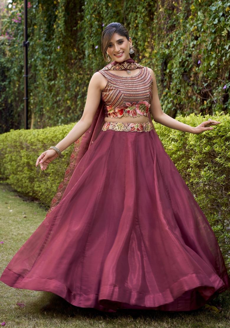 Wine Solid Silk Lehenga Set - Indya
