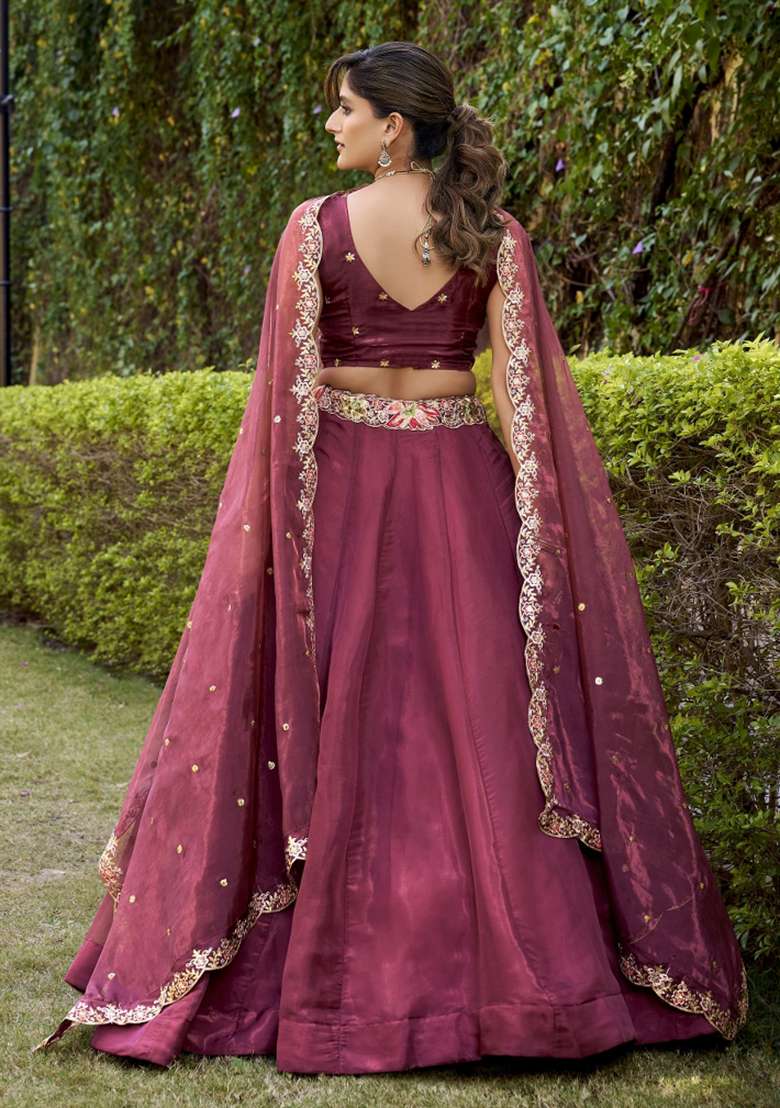 Wine Solid Silk Blend Lehenga Set for Diwali and Festive Wear - Indya