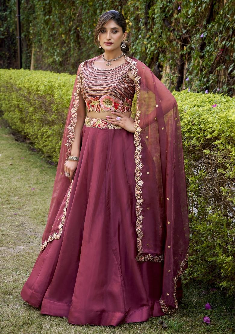 Wine Solid Silk Lehenga Set - Indya
