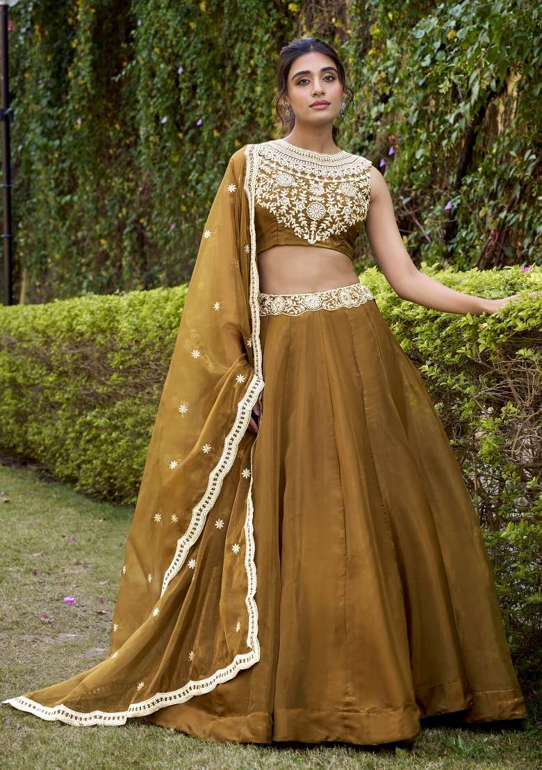 Bronze Solid Silk Blend Lehenga Set for Diwali | Wedding & Festive Wear - Indya