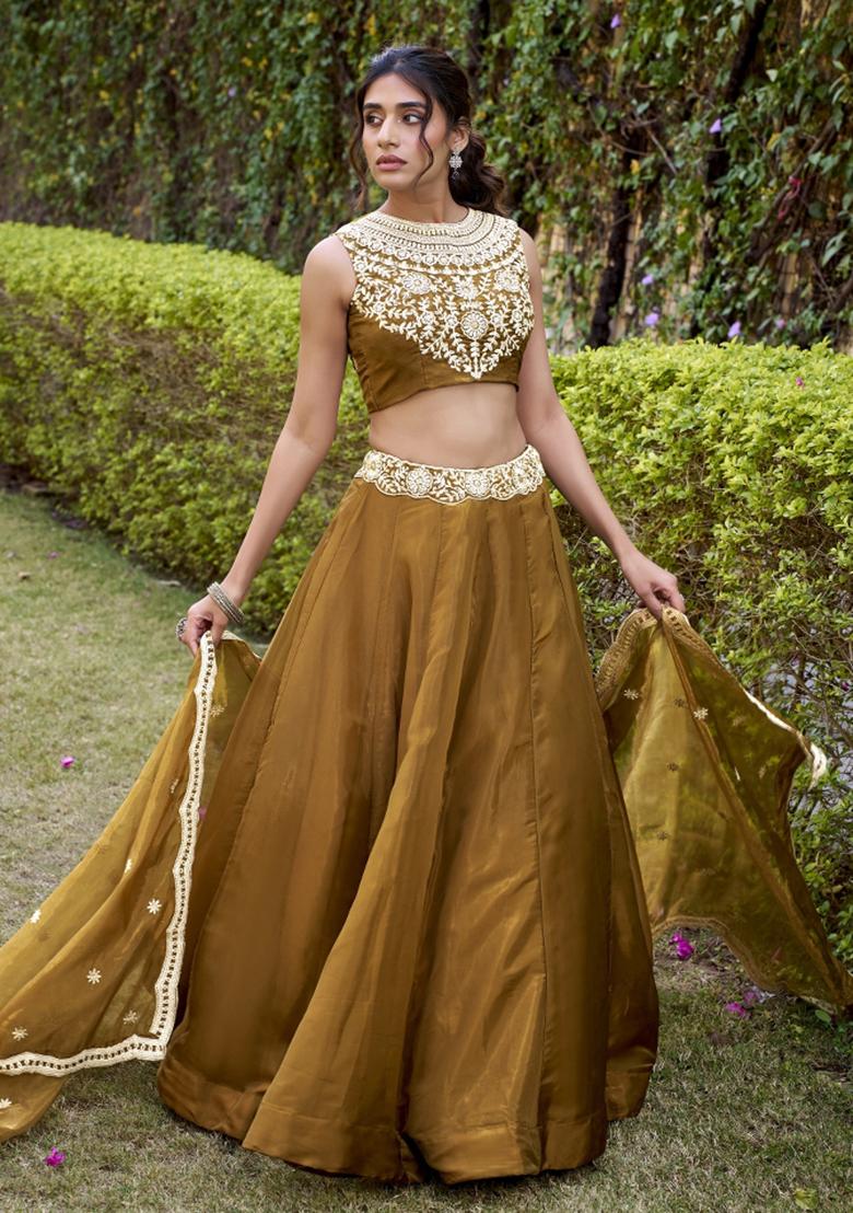 Bronze Solid Silk Lehenga Set - Indya