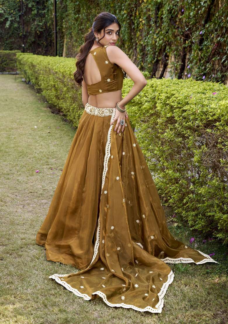 Bronze Solid Silk Blend Lehenga Set for Diwali | Wedding & Festive Wear - Indya