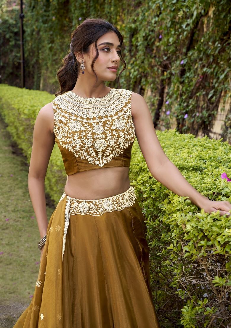 Bronze Solid Silk Lehenga Set - Indya