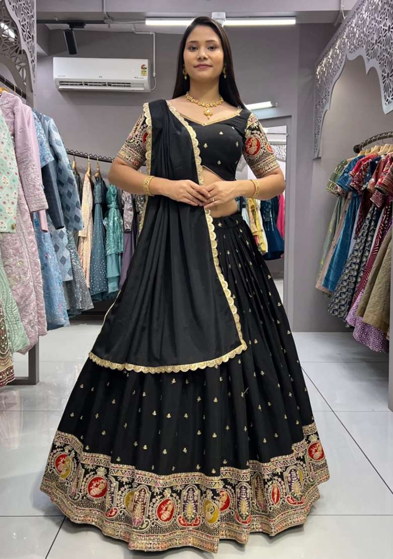 Black Thread Work Silk Blend Lehenga Set for Diwali and Festive Wear - Indya