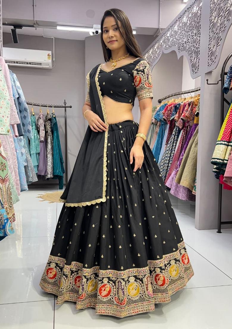 Black Thread Work Silk Lehenga Set - Indya