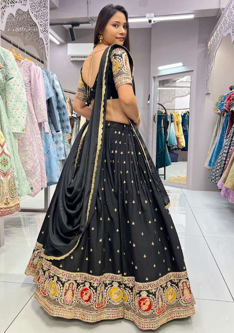 Black Thread Work Silk Blend Lehenga Set for Diwali and Festive Wear - Indya