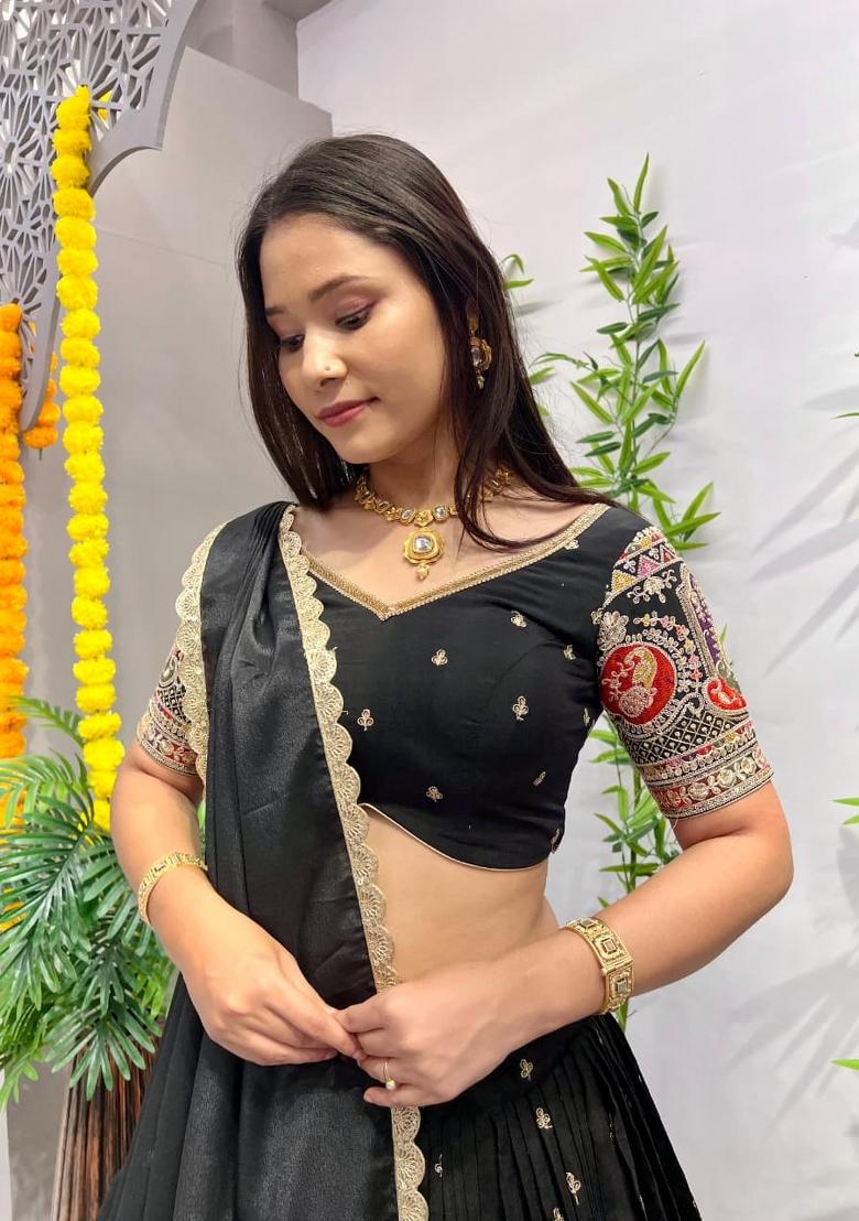 Black Thread Work Silk Lehenga Set - Indya