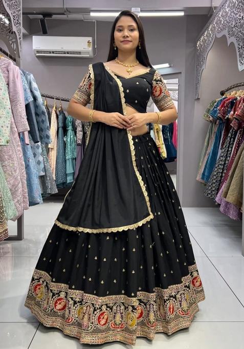 Black Thread Work Silk Lehenga Set