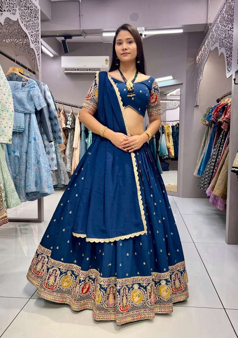 Blue Silk Blend Lehenga Set with Thread Work for Diwali | Wedding & Festive Wear - Indya