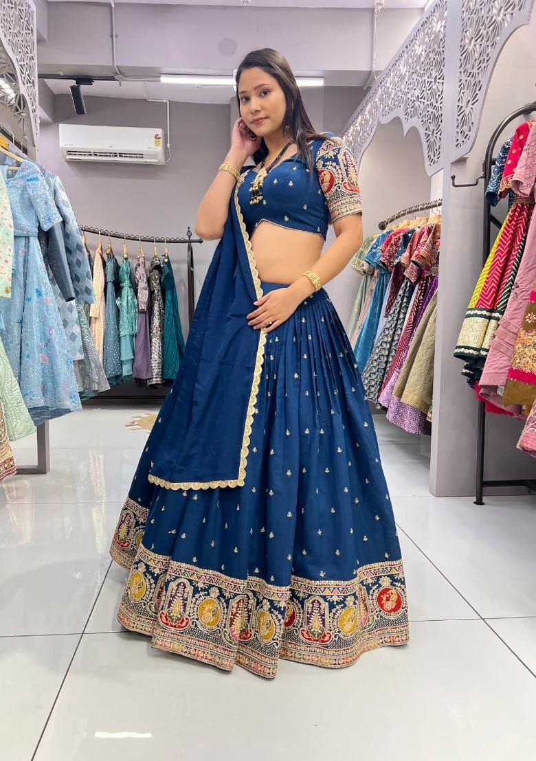 Blue Thread Work Silk Lehenga Set - Indya