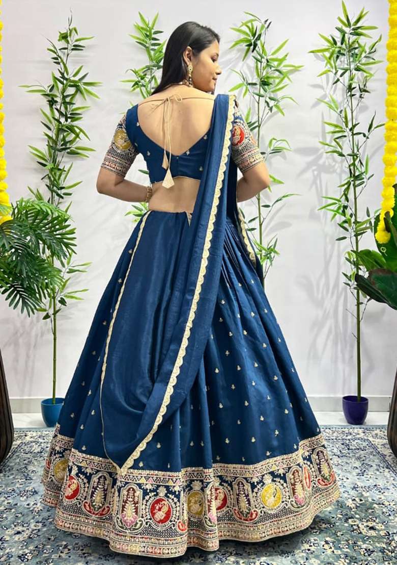 Blue Silk Blend Lehenga Set with Thread Work for Diwali | Wedding & Festive Wear - Indya