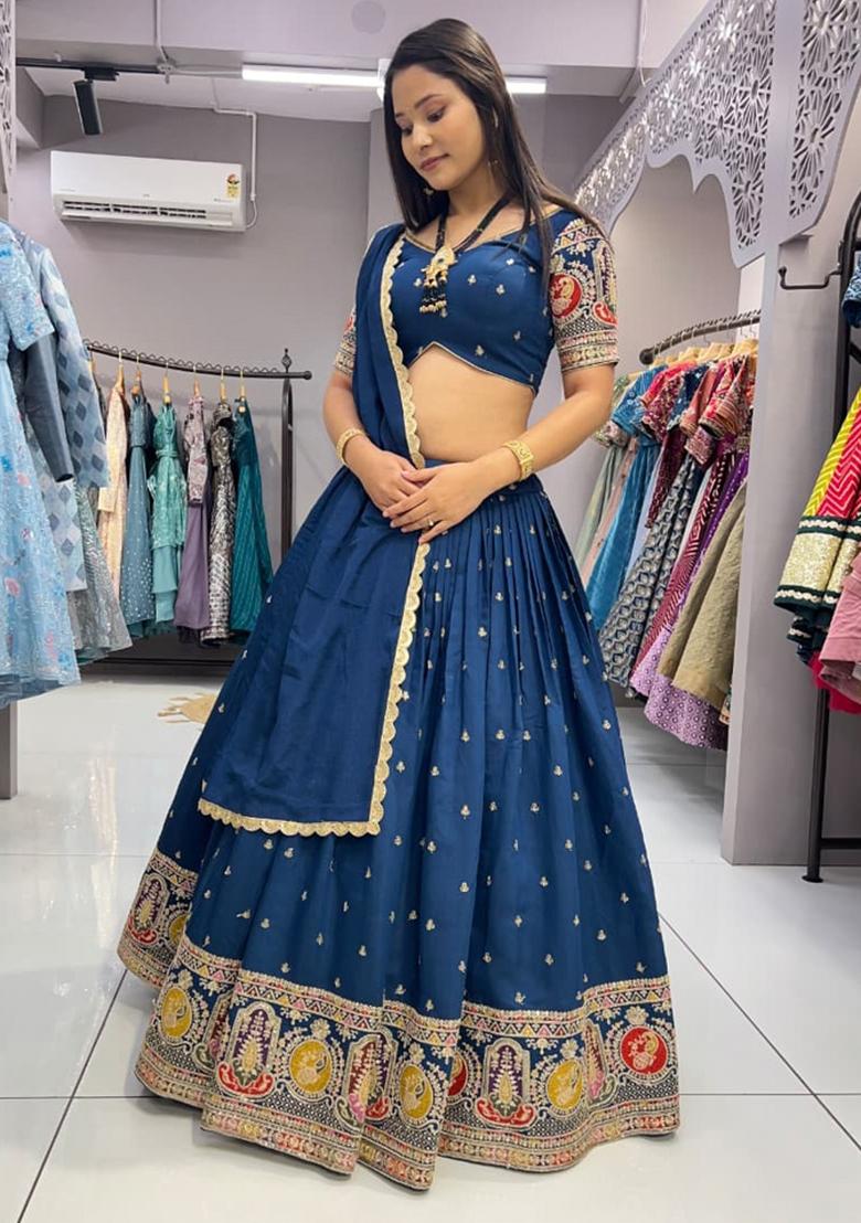 Blue Thread Work Silk Lehenga Set - Indya