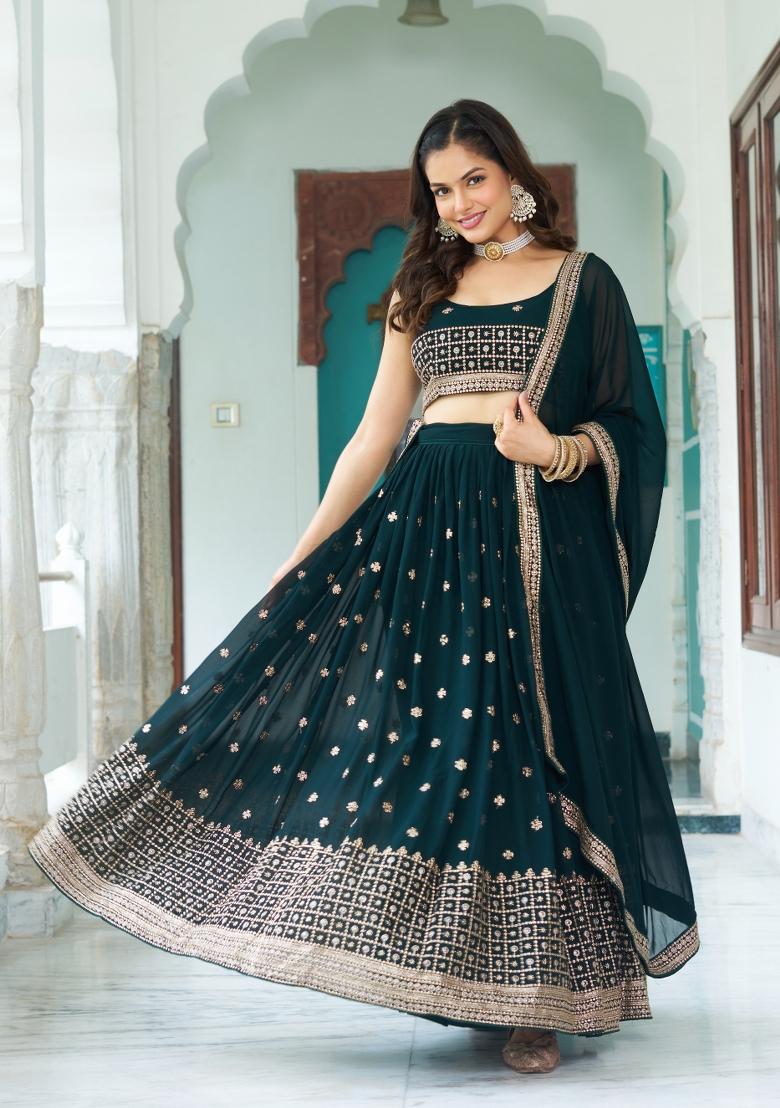 Teal Blue Embroidery Georgette Lehenga Set - Indya