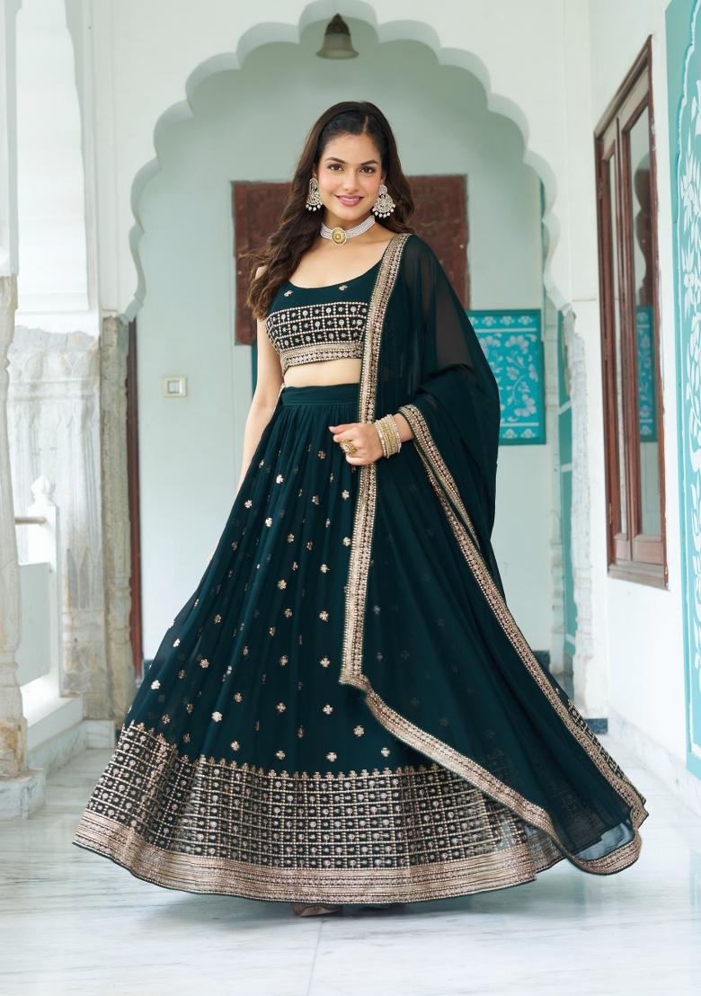 Teal Blue Embroidery Georgette Lehenga Set - Indya