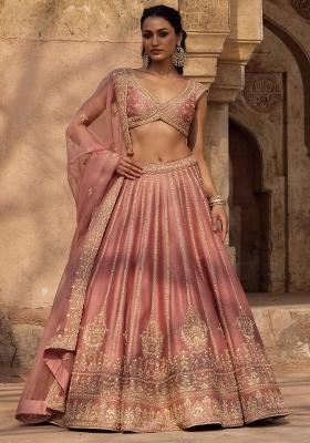 Pink Embroidery Poly Blended Lehenga Set