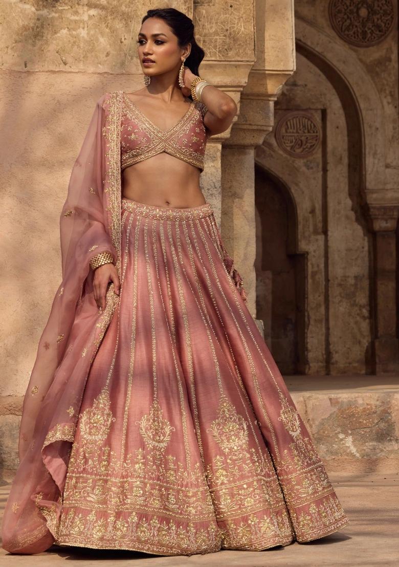 Pink Embroidery Poly Blended Lehenga Set - Indya