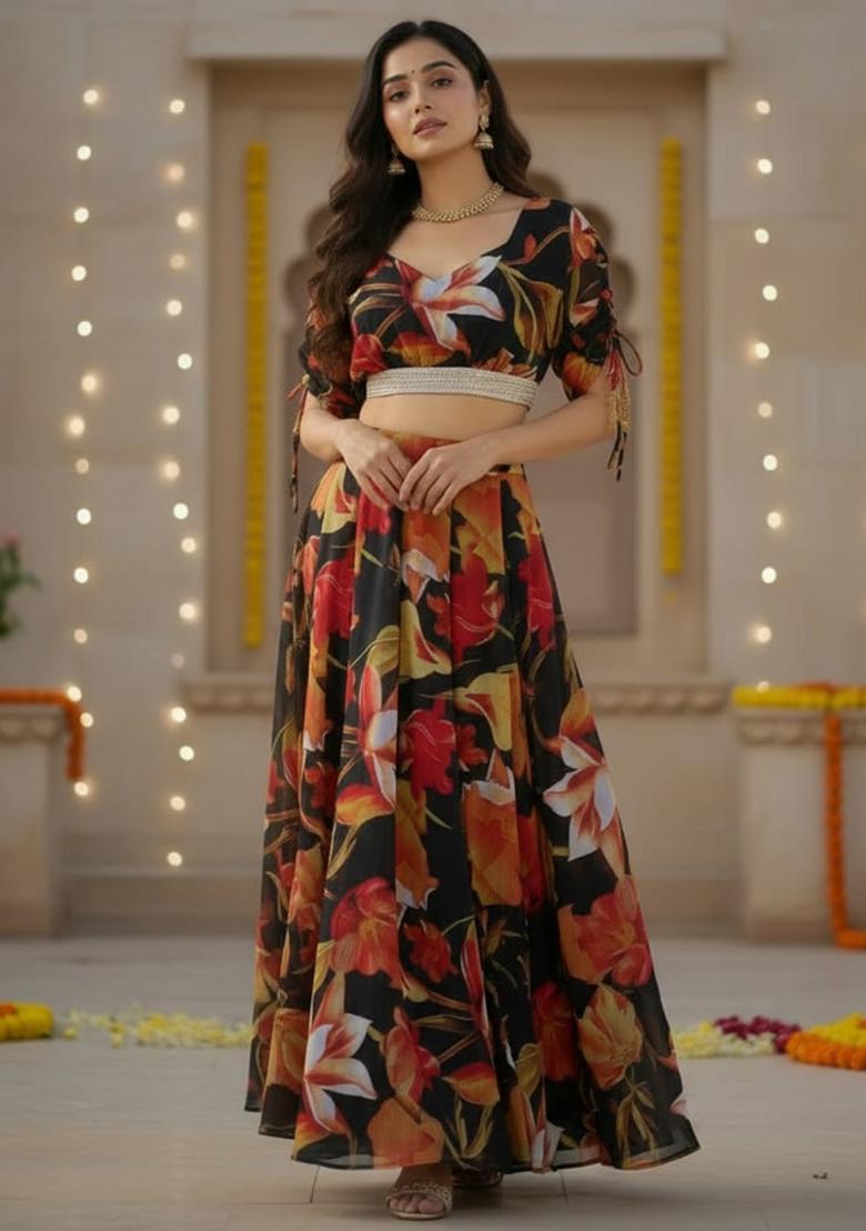 Multicolor Printed Georgette Lehenga Set - Indya