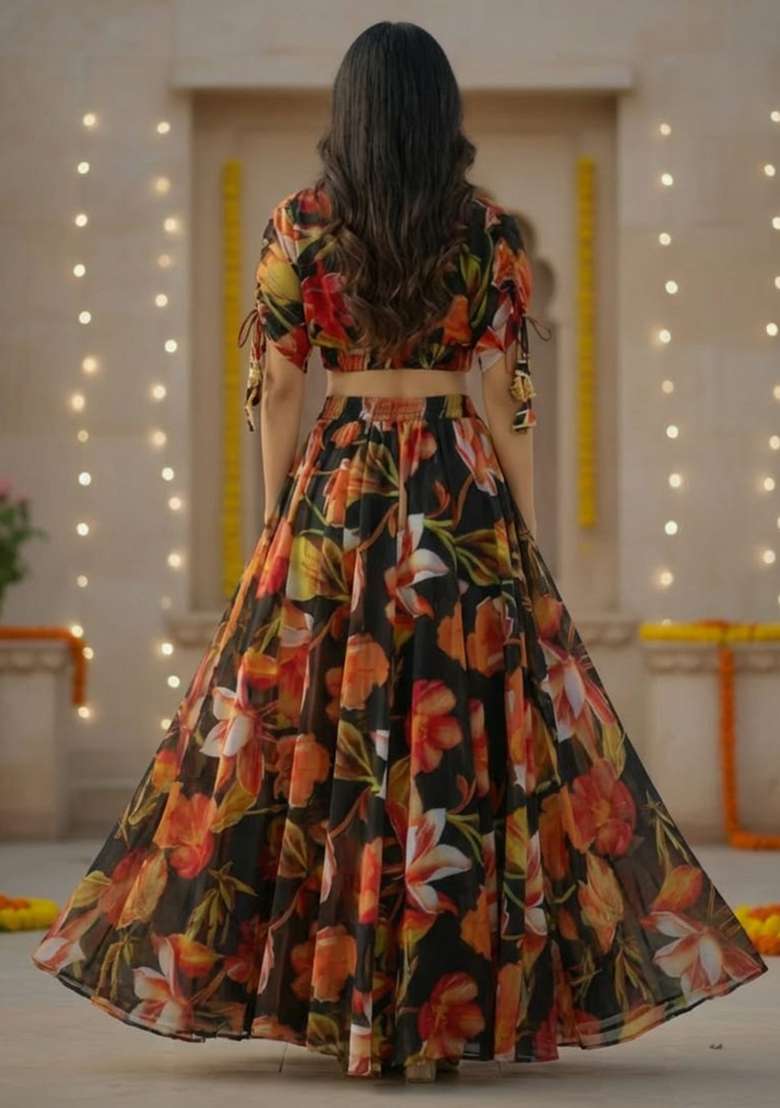 Multicolor Georgette Lehenga Set with Printed for Diwali | Wedding & Festive Wear - Indya