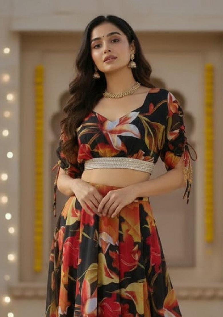 Multicolor Printed Georgette Lehenga Set - Indya