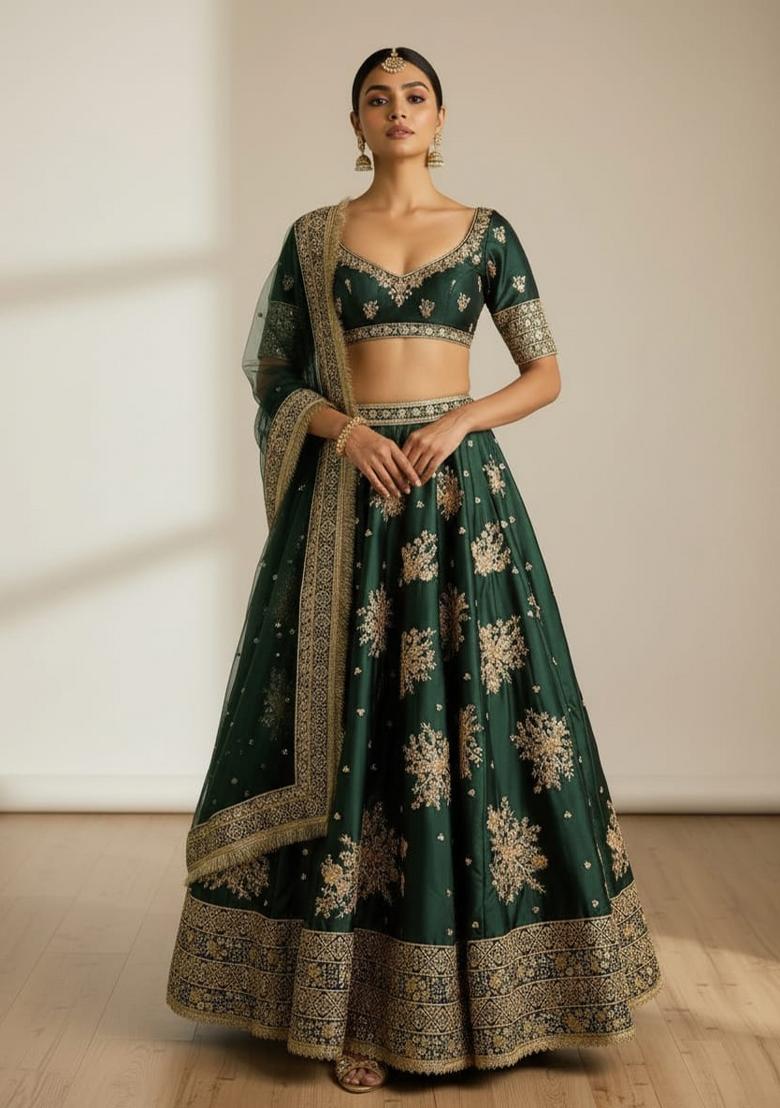 Green Embroidery Crepe Lehenga Set - Indya