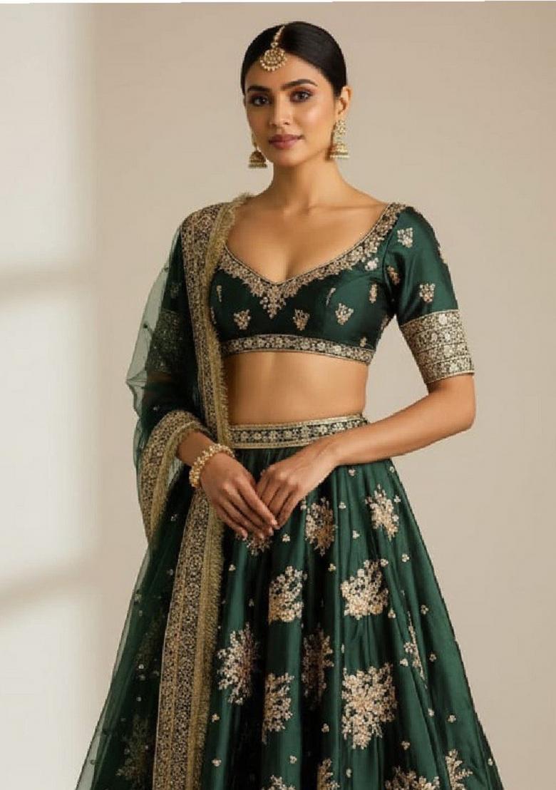 Green Embroidery Crepe Lehenga Set - Indya