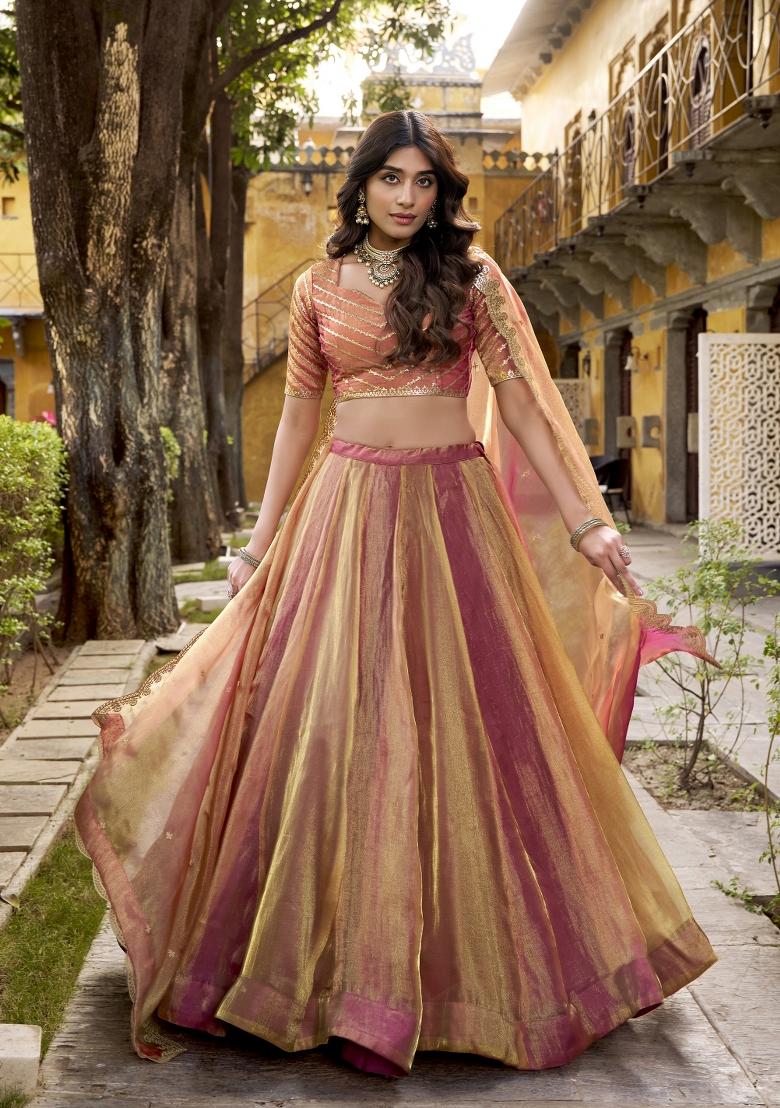 Pink Solid Silk Lehenga Set - Indya