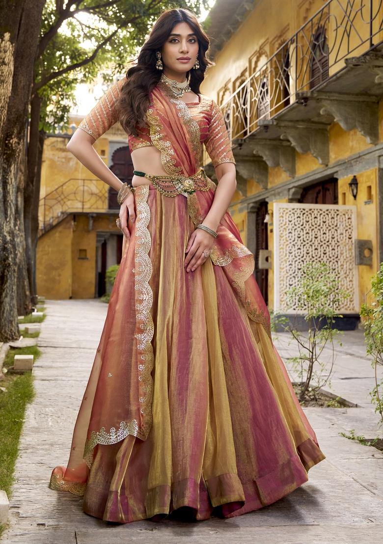 Pink Solid Silk Lehenga Set - Indya