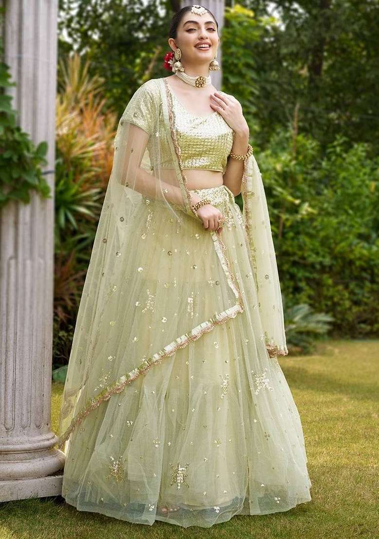 Aqua Green Embroidery Net Lehenga Set for Diwali and Festive Wear - Indya