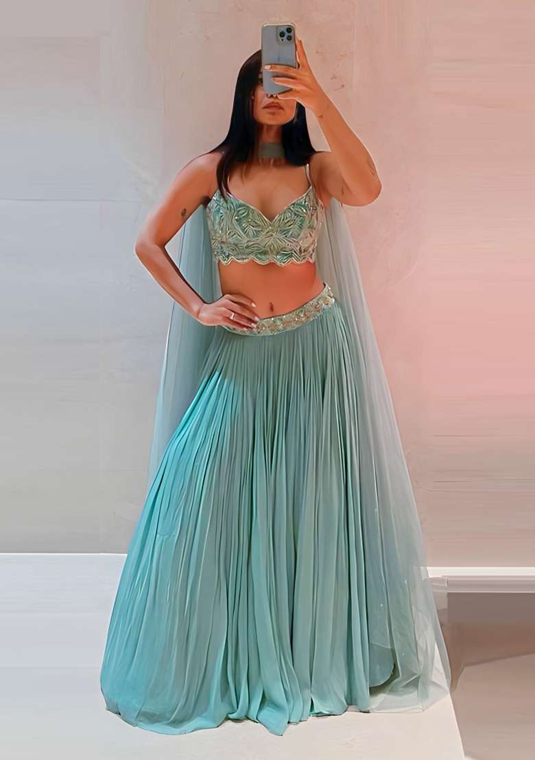 Turquoise Embroidery Georgette Lehenga Set for Diwali and Festive Wear - Indya