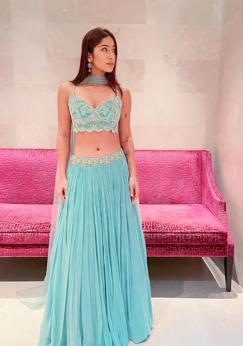 Turquoise Embroidery Georgette Lehenga Set - Indya